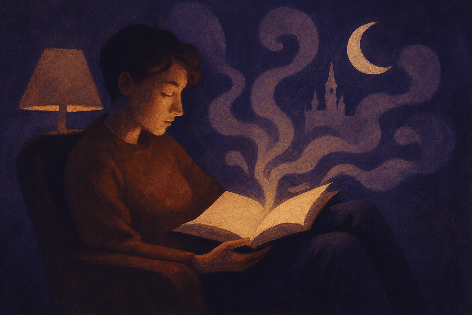 A reader before a glowing book, alternate worlds rising from its pages